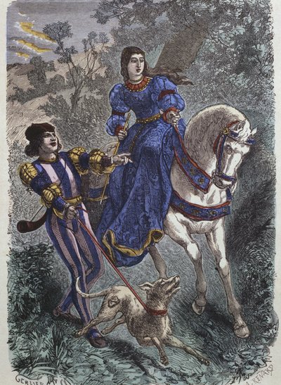 Hunting costumes in 15th century, young riding woman with her squire, illustration from 
